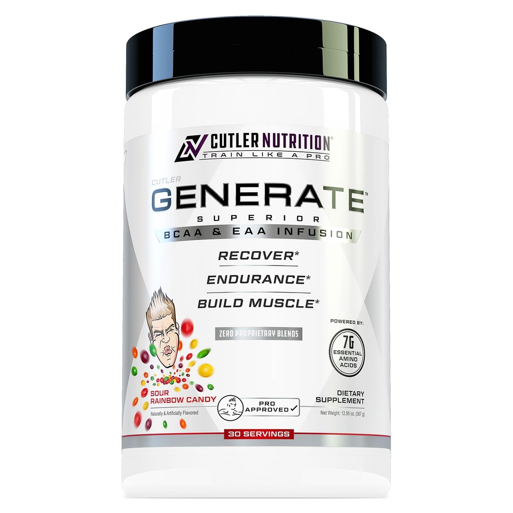 Cutler Nutrition Generar EAA y BCAA Powder: Best Branched Chain Amino Amino Acids Supplement with Essential Amino Acids, 5g BCAAs, 2g EAAs for Lean Muscle Mass ← Sour Rainbow Candy, 30 Servings