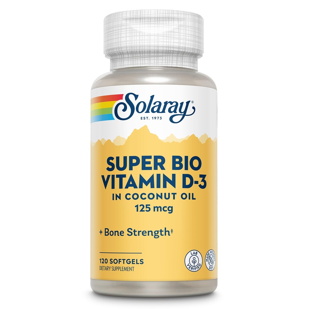 SOLARAY Super Bio Vitamina D3 en aceite de coco - D3 Vitamina 5000 UI - Suplemento de Ayuda de Hueso e Inmune - Laboratorio Verificado, Made Wtihout Soy, Garantía de 60 días - 120 Softgels, 120 Servimientos