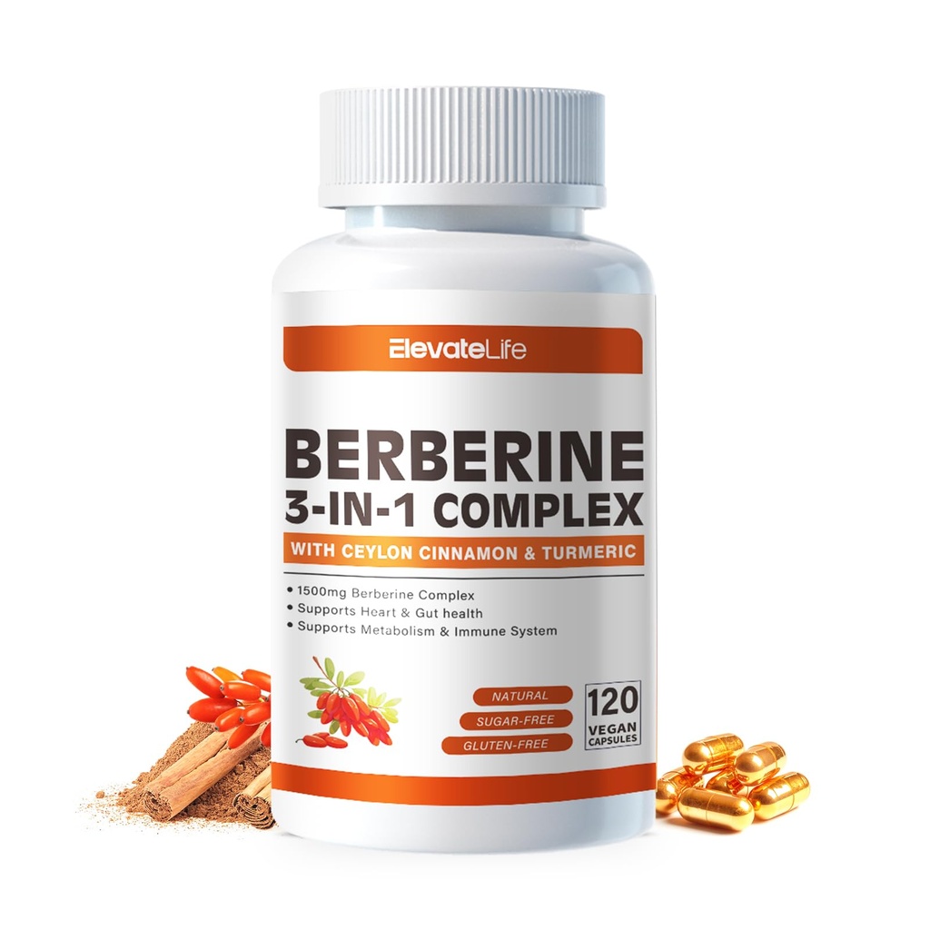 ElevateLife Berberine Supplement - Berberine 1500mg Por Serving,120 Capsules - Berberine HCI - Berberine Plus - Plus Puro True Ceylon Cinnamon, Berberine HCI Root Suplementos Pills