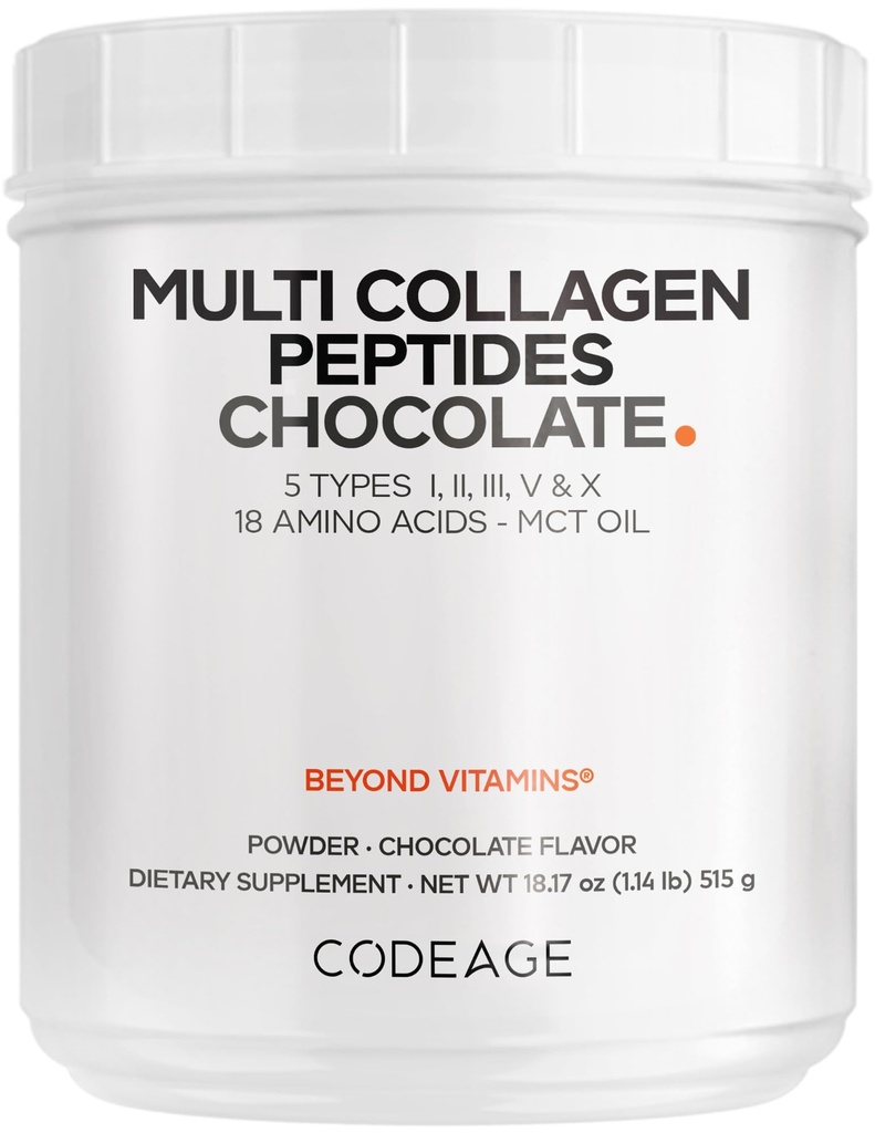 Codeage Multi Collagen Chocolate Protein Powder - Hidrolyzed Bovine Collagen Peptides, 5 Tipos de Collagen &amp; MCT Petróleo - Colágeno Cremador, Chocolate Collagen Peptides - Protein Shakes - Non-GMO - 18.17 oz