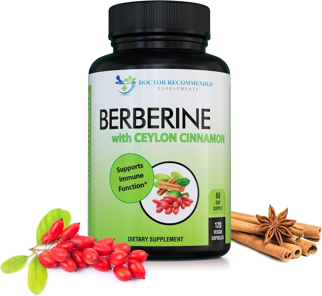 DOCTOR RECOMMENDED SUPPLEMENTS Berberina con canela de Ceylán - 1200mg Berberine & 100mg Ceilán orgánico Cinnamon - 120 cápsulas vegetarianas, sistema sano de inmunología & gastrointestinal Wellness