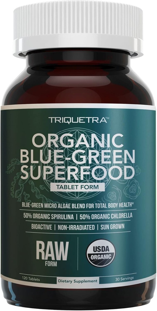 Tablas ecológicas de la clorella – 4 Certificaciones orgánicas, crudas, no irradiadas – 50/50 Blue Green Algae Blend – Contenido antioxidante Igual a 5 Serviciones de verduras (120 Tabletas)
