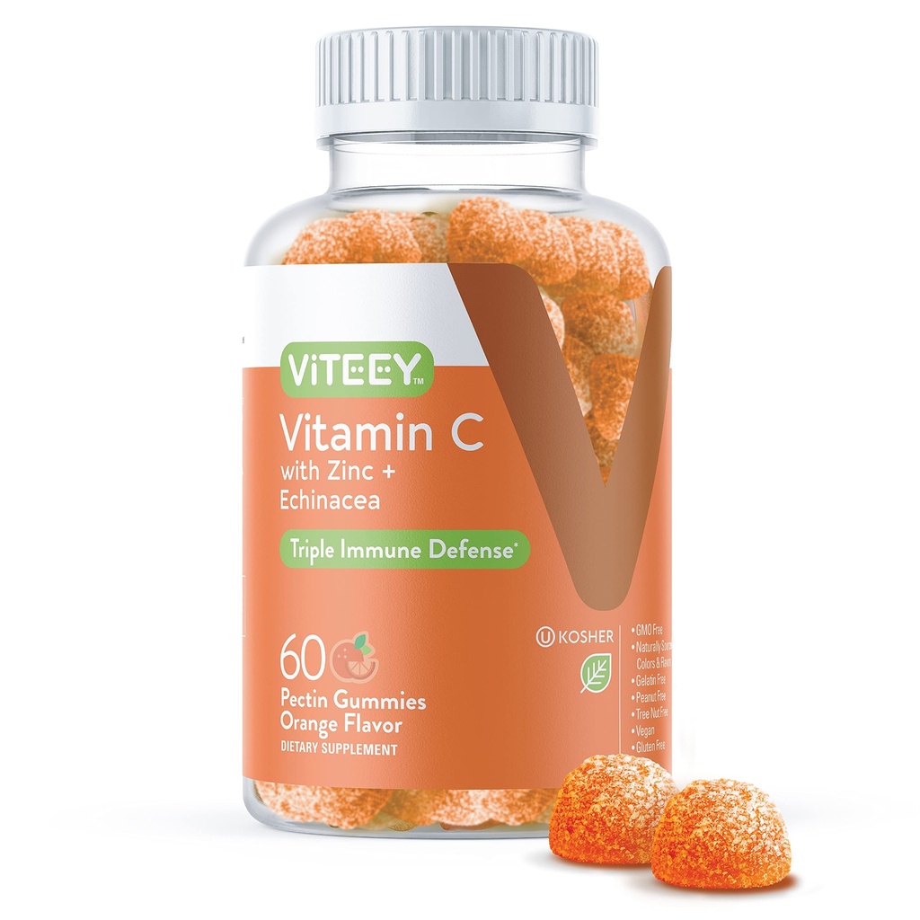 Viteey Vitamina C Gummies para adultos " Adolescentes con zinc " Echinacea - Immune Support Gummies - Vegan, Gelatin Gratis, Gluten Gratis, GMO Gratis - Tasty Vitamin C Chewable Orange Flavored Gummy