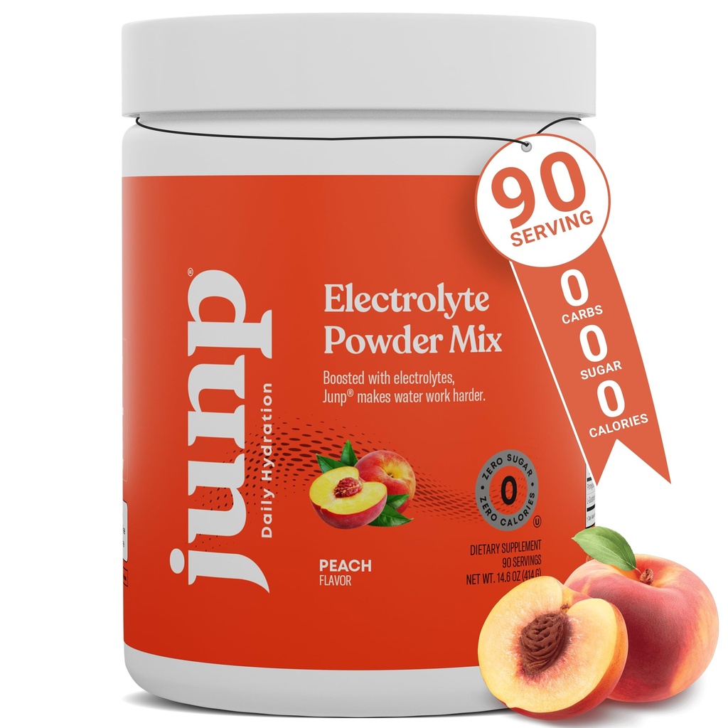 JUNP Electrolytes Powder No Sugar No Carbs, Orchard Fresh Juicy Peach Keto Electrolyte Drink Mix, Potasio &amp; Sal Hidration Powder Electrolytes Zero Calorie Sugar Free Electrolyte Powder, 90 Servings