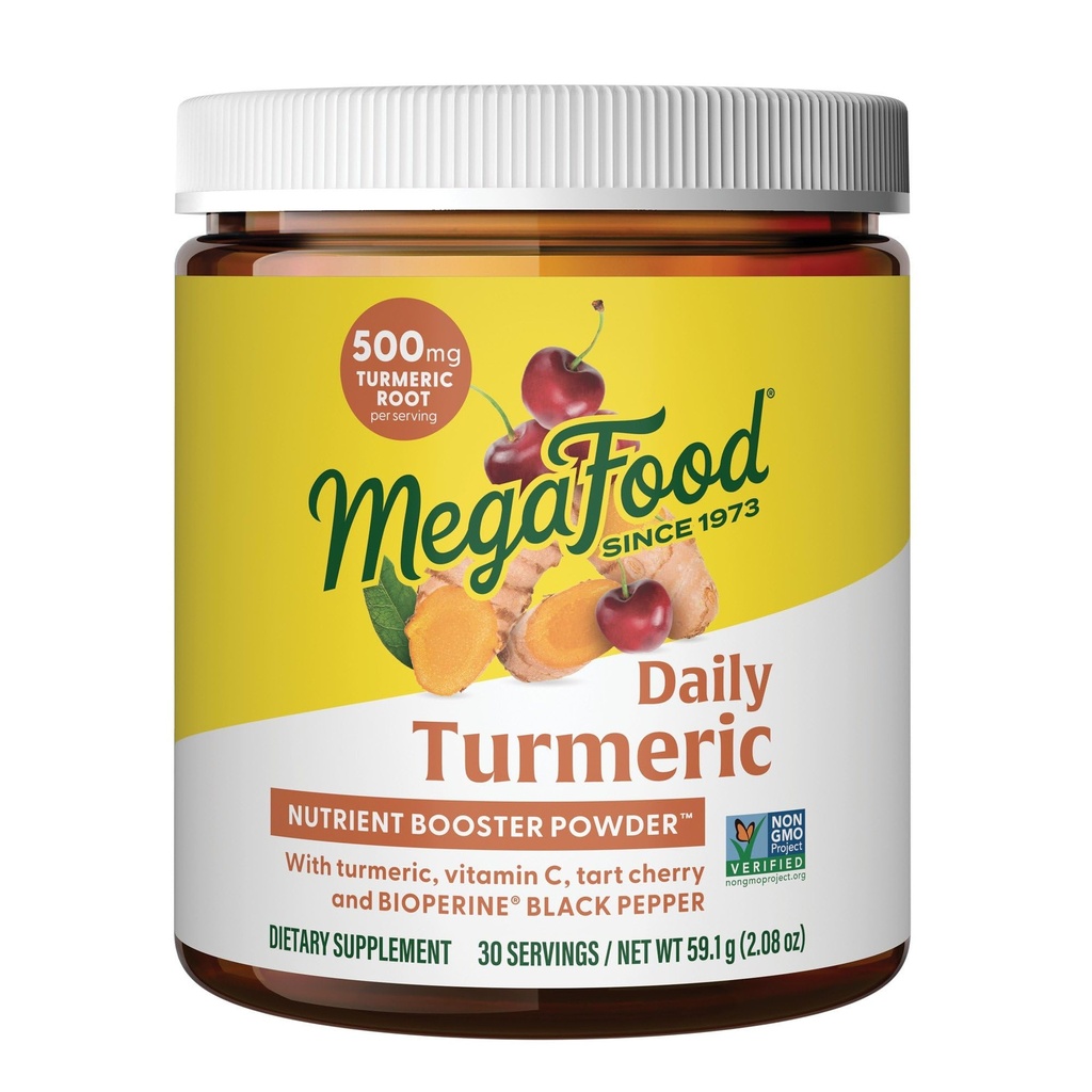 MegaFood Daily Turmeric Nutrient Booster Powder - Suplemento Turmérico - con Black Pepper Extracto, Tart Cherry &amp; Vitamina C - Vegan - Hecho sin 9 Alérgenos Alimentarios - 2.08 Oz (30 Servimientos)