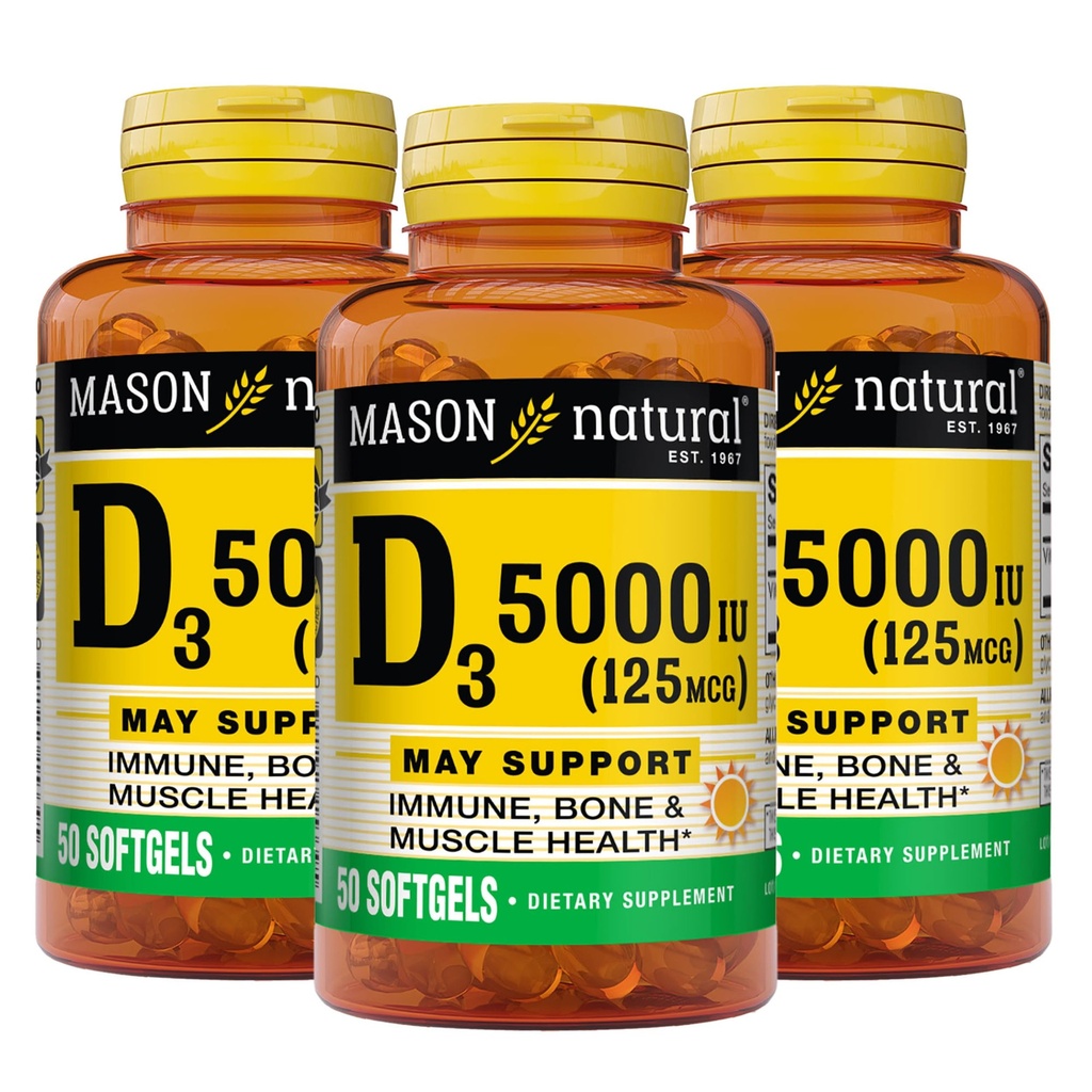 MASON NATURAL Vitamina D3 125 mcg (5000 UI) - Apoya la salud general, fortalece los huesos y los músculos, de Fish Liver Oil, 50 Softgels (Pack of 3)