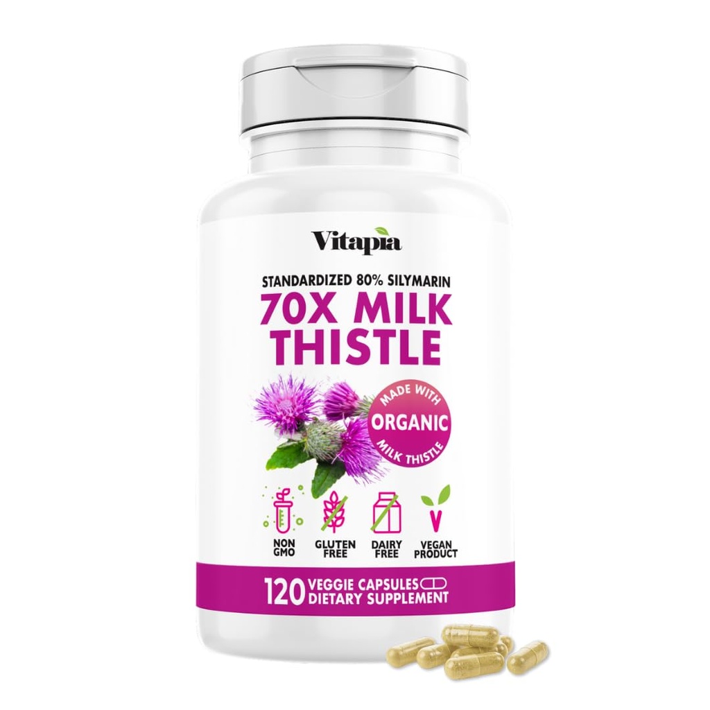 Vitapia Organic Milk Thistle Extract 70:1 Supplement - Liver Cleanse Detox &amp; Repair, Liver Health Support, Antioxidants - 120 Vegan Capsules, Non GMO, Gluten Free