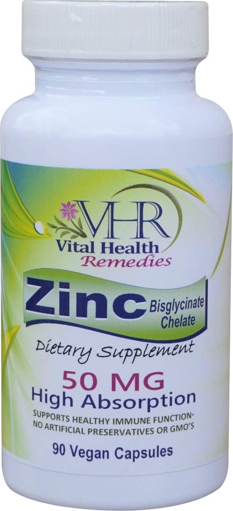 VHR ZINC Bisglycinate Chelate 50mg - Immune Support - High Absorption - No Preservatives. 90 cápsulas veganos