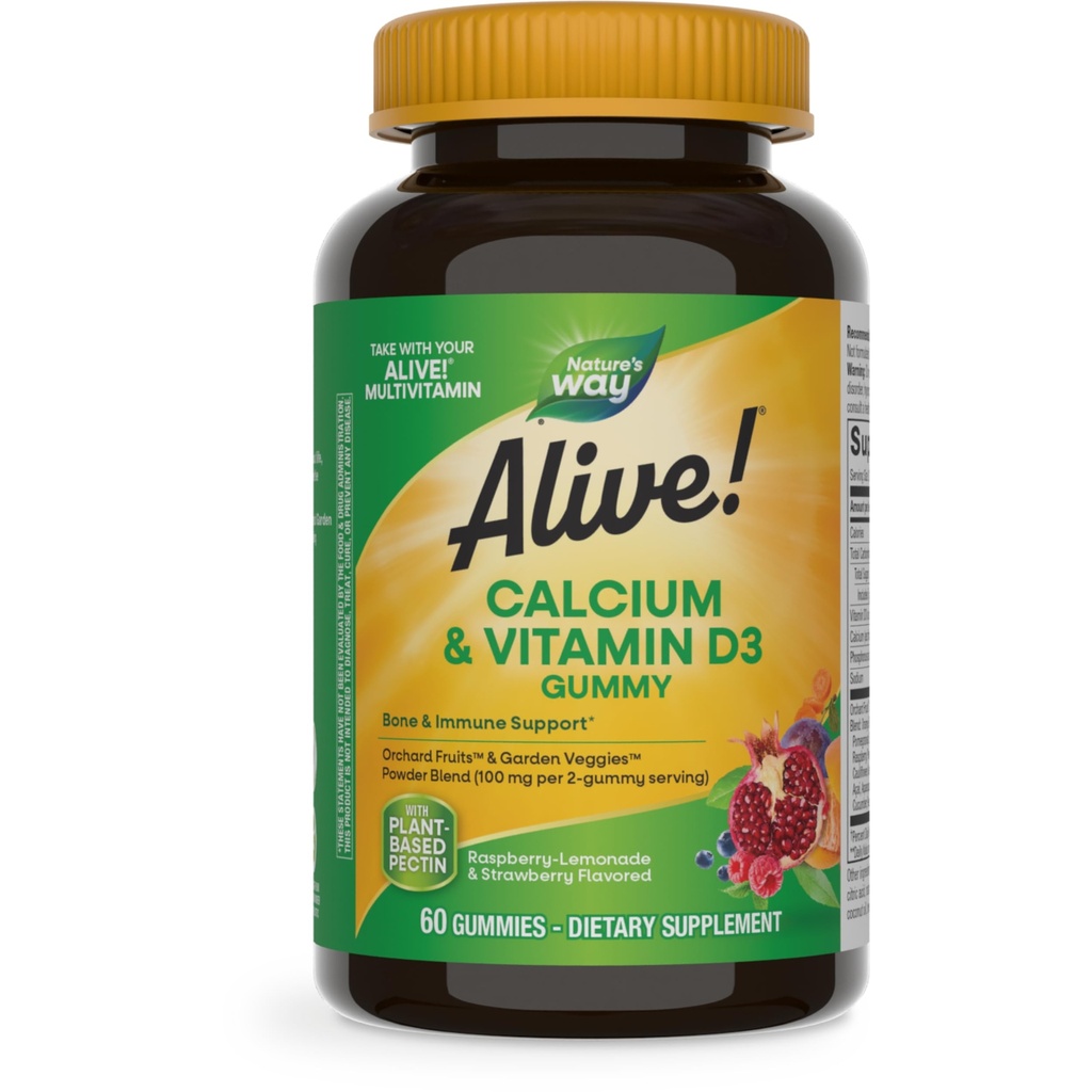 ¡La naturaleza está viva! Gummies de Calcio Chewable con Vitamina D3, Suplemento diario soporta huesos y dientes saludables, y función muscular*, frambuesa y limonada saboreado, 60 Gummies