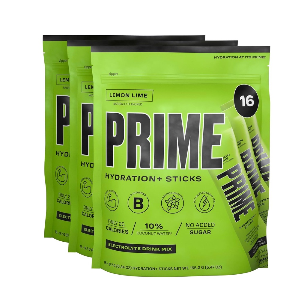 PRIME HYDRATION+ Sticks Lemon Lime ← Hydration Powder Single Serve Sticks ← Electrolyte Powder On The Go TEN Low Sugar TEN Caffeine-Free TEN Vegan TEN 48 Sticks