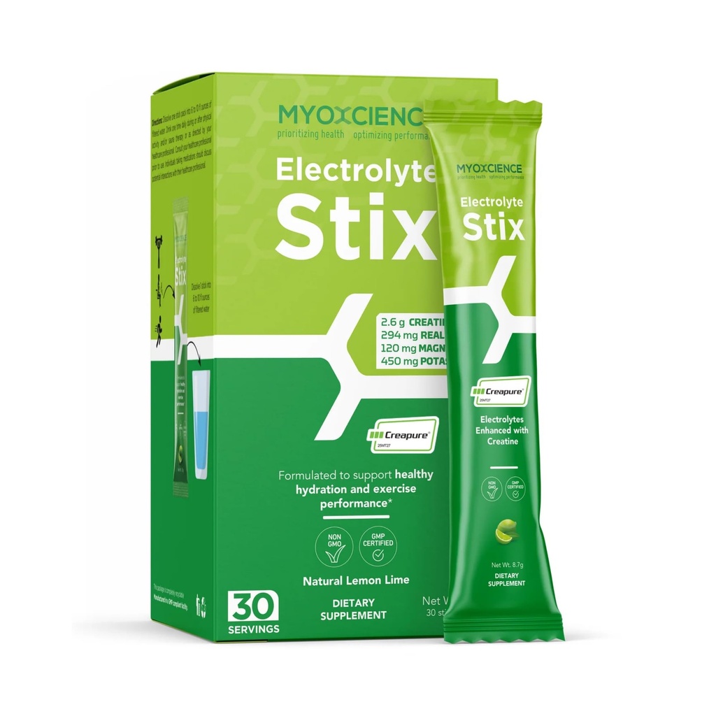 MYOXCIENCE Electrolyte STIX ← Creatine Electrolyte Powder  durable Recuperación del ejercicio &amp; Muscle Development w/Real Salt (Lemon Lime Flavor) (Stix 30 ct)