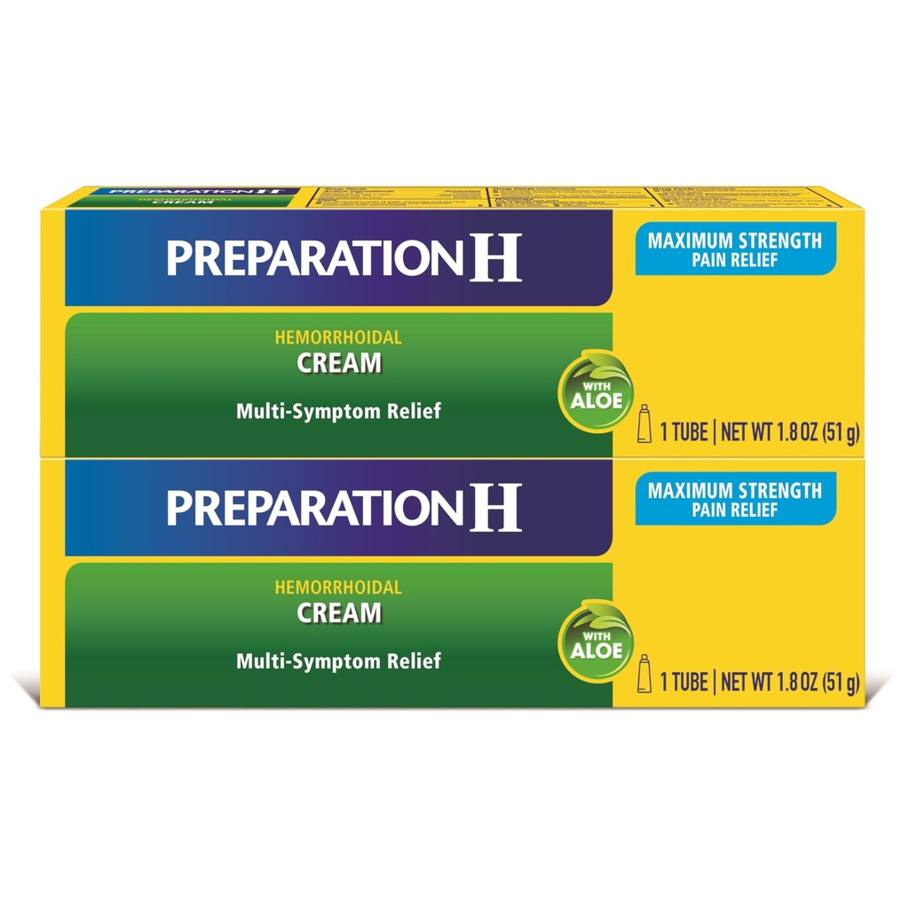 Preparación H Hemorrhoid Symptom Treatment Cream (2 x 1.8 Ounce Tube), Maximum Strength Multi-Symptom Pain Relief with Aloe