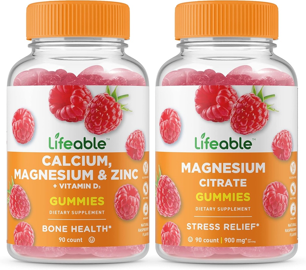 Calcio, Magnesio, Zinc & Vitamina D + Magnesio, Gummies Bundle - Gran Tasting, Suplemento de vitamina, Gluten Free, GMO Gratis, Chewable Gummy