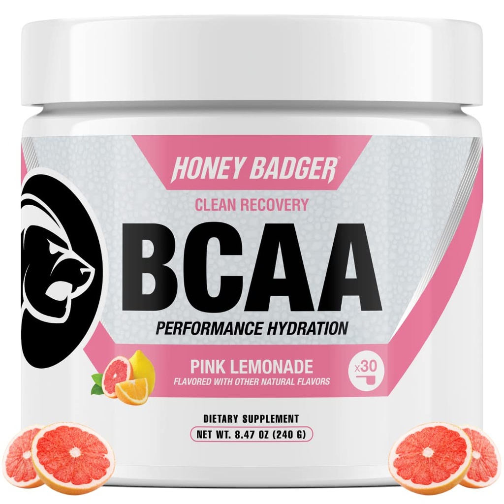 Honey Badger BCAA + EAA Amino Acids Powder, BCAAs + L-Glutamine, Keto, Vegan, Sugar Gratis para Hombres &amp; Mujeres, Hidratación &amp; Post Workout Muscle Recovery Mix, Pink Lemonade, 30 Servings