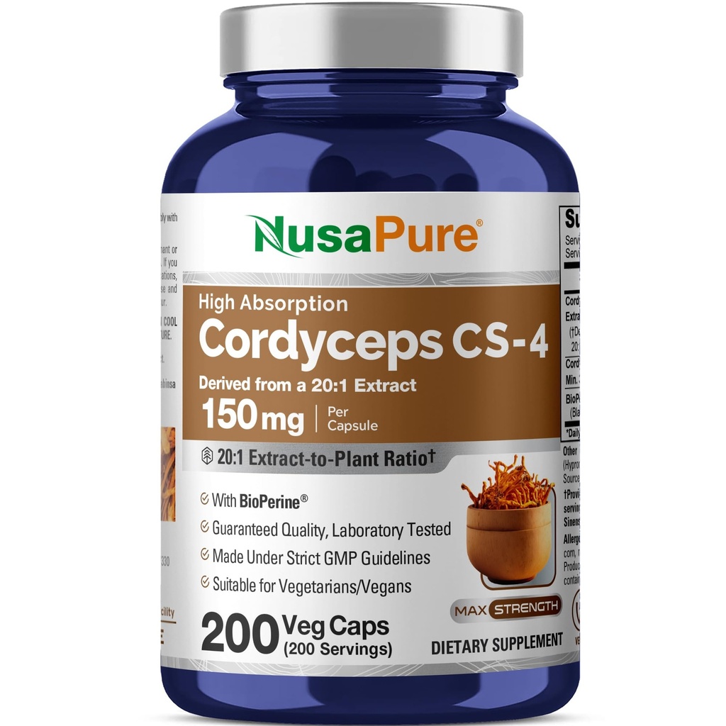 NusaPure Cordyceps 20:1 Extracto, 150 mg Equivalente a 3.000 mg 200 cápsulas vegetales (Sinensis CS-4, No GMO, Vegan) Bioperina