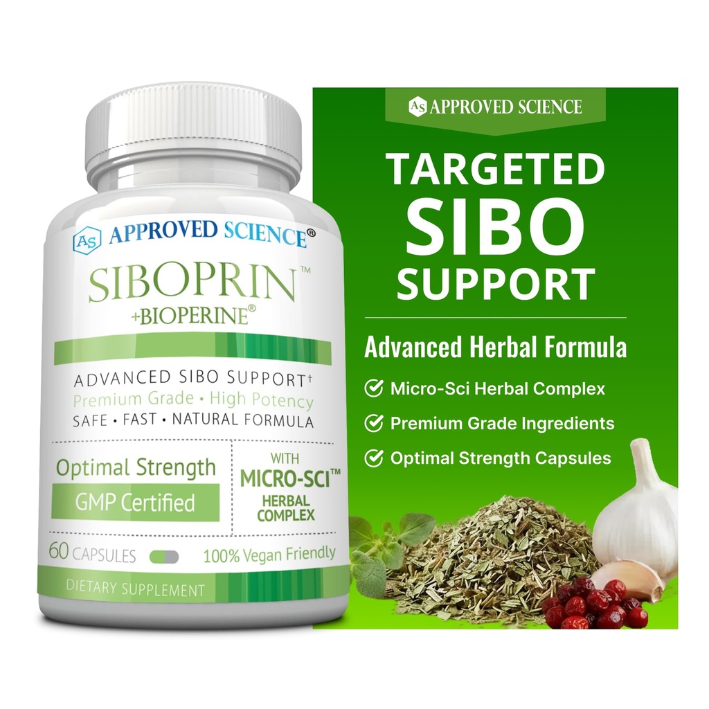 Ciencia Aprobada Siboprin - 60 cápsulas - Soporte Gut Balance, Soothe Intestinal Irritation, Ayuda con calambres y rubor - Ácido caprílico, Barberry, Oregano - Vegan