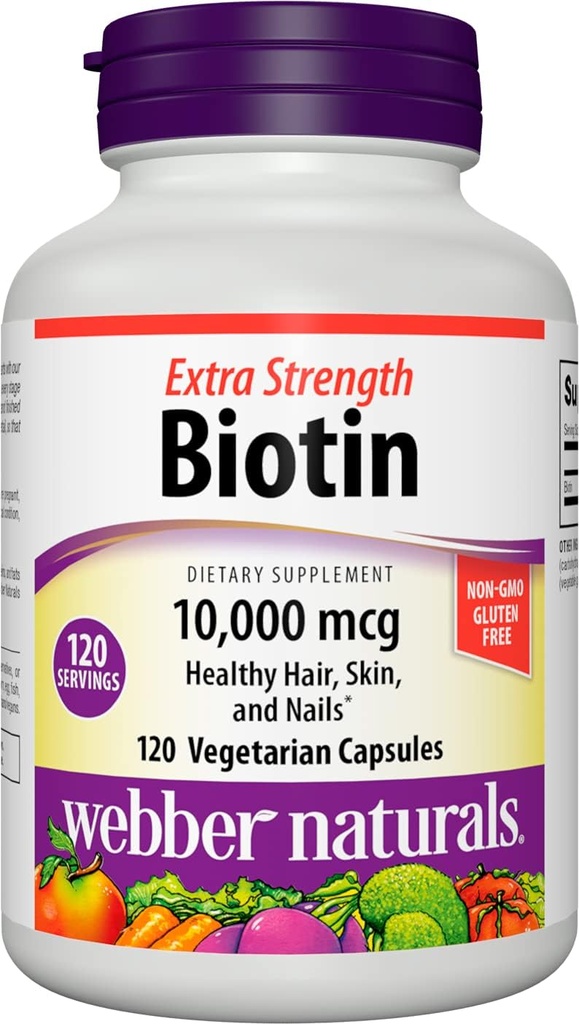 Webber Naturals Biotina 10,000 mcg, Extra Strength, 120 cápsulas, Saludable pelo, Esquí & uñas, Suplemento de vitaminas, Vegan