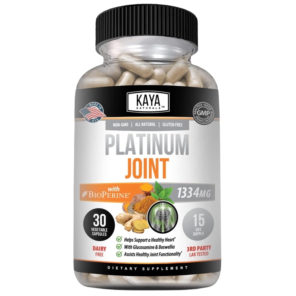 Kaya Naturals Platinum Mobility Turmeric - Bioperine, Glucosamine, Turmeric con Boswellia, Healthy Natural Mobility Support, Turmeric Curcumin 1334mg - 30 Capsules