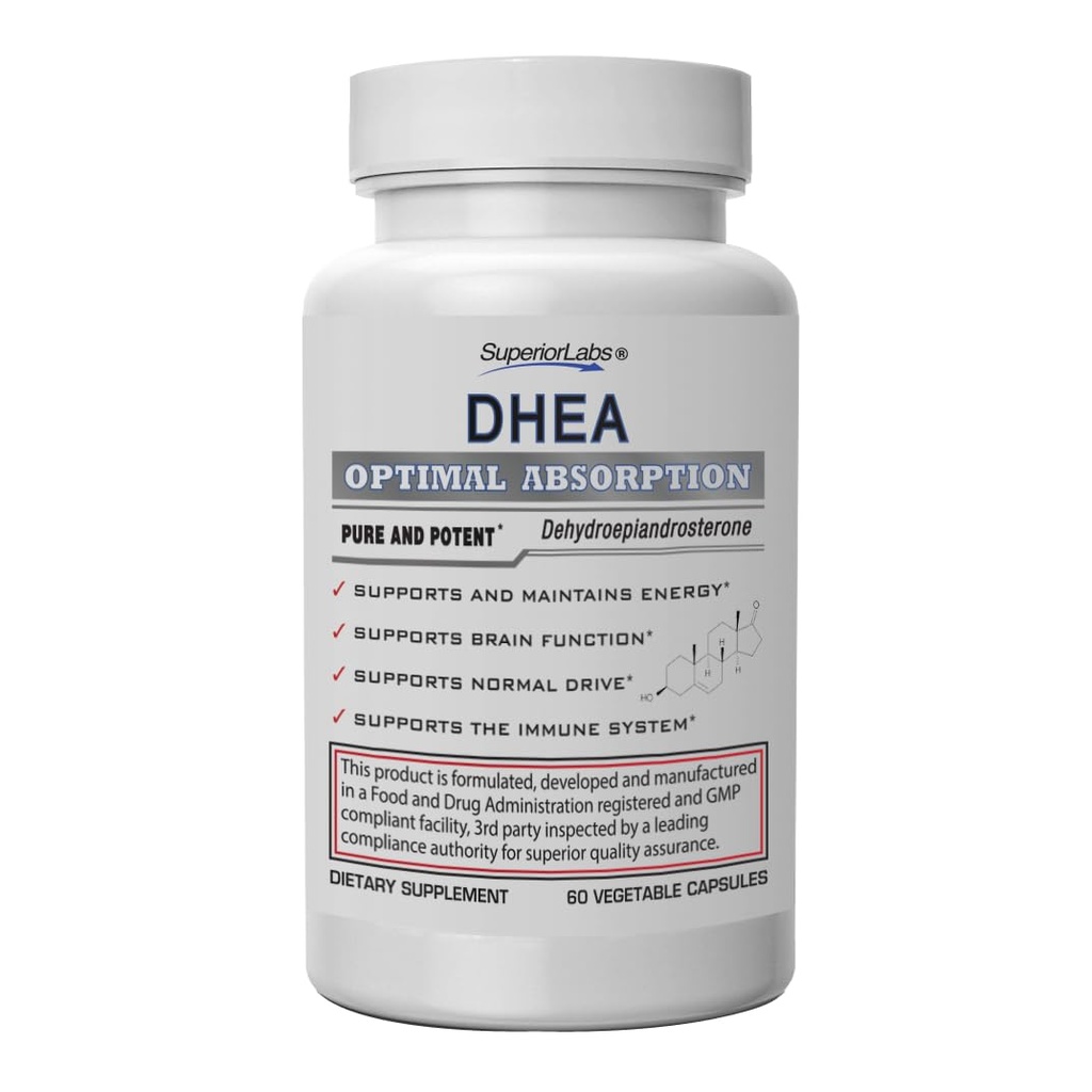 Laboratorios Superiores – DHEA Extra Strength Natural – No GMO 100 mg Dose, 60 cápsulas vegetales – promueve el envejecimiento saludable en hombres y mujeres – ayuda a reincorporar niveles de energía juvenil