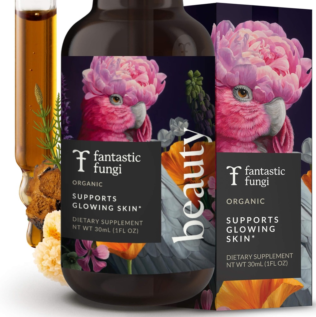 Fantástico Fungi Beauty Elixir con Tremella Mushroom Extract, Chaga Mushroom Extract, Horsetail &amp; Acerola - Organic Drops for Healthy Hair, Skin & Nails - Formulado en USA - 30 Servings, 1 fl oz