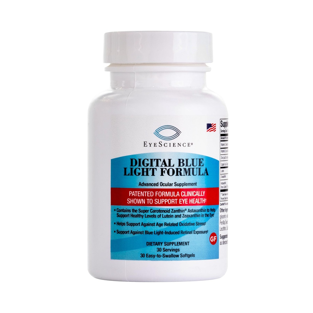 EyeScience Digital Blue Light Formula – apoya la salud de los ojos con Astaxanthin, Lutein y Zeaxanthin – ayuda a mantener el confort durante el tiempo de la pantalla – No GMO, sin gluten, 30 Softgels
