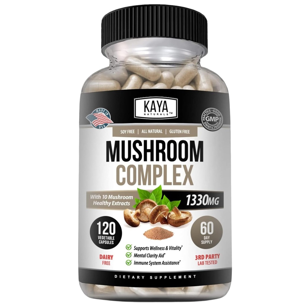 Kaya Naturals Premium Mushroom Complex Potent - Mushroom Supplement - Mushroom Complex Capsules 1995mg Por Serving - Aids Mental Clarity Supports Immune System, Wellness & Vitality - 120 Count