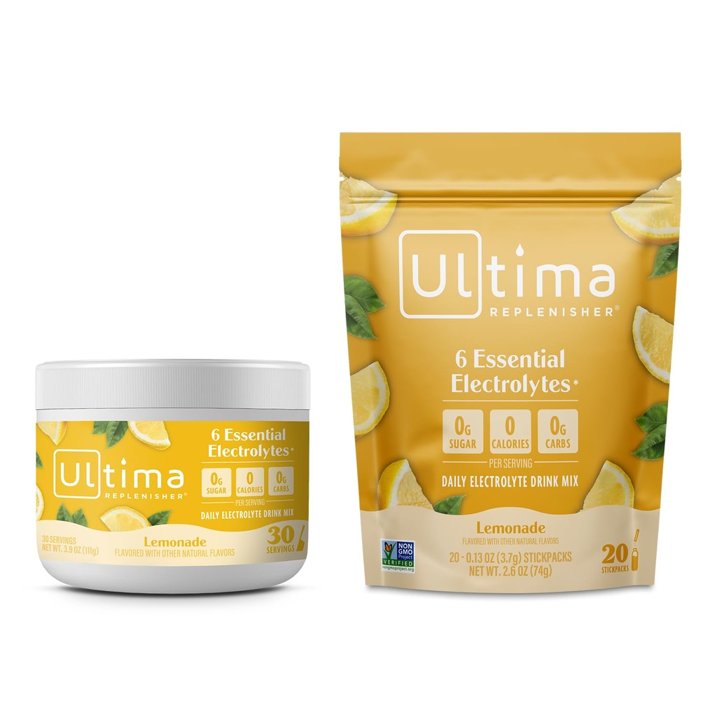 Ultima Replenisher Electrolyte Powder Drink Mix Bundle – Sugar Free – Lemonade, 30 Serving Canister y 20 Stickpacks – 6 Electrolytes and Minerals – Keto Friendly, Vegan, Non-GMO