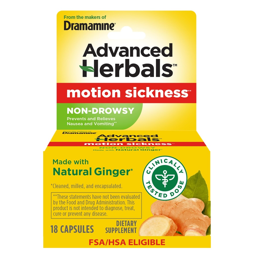De los creadores de Dramamina, Herbals avanzados, No-Drowsy, Motion Sickness Relief, Made with Natural Ginger, 18 Conde