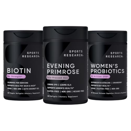 Suplemento Primrose de investigación deportiva de aceite prensado frío, biotina vegana 10.000 mg con aceite de coco " Probióticos de mujeres con prebióticos, 65 millones CFU