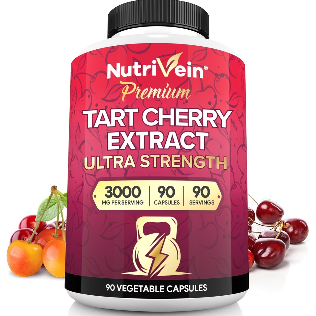 Nutrivein Premium Tart Cherry Capsules 3000mg: Ultra Strength Tart Cherry Extracto Suplemento para la recuperación post-atlética, Detox, Rest, " Movilidad