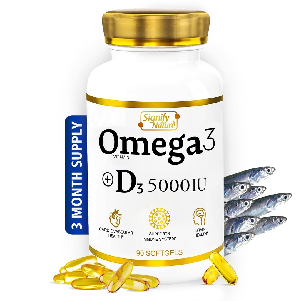 NATURALEZA Omega 3 Suplemento de aceite de pescado con vitamina D3 5000 UI - 1000mg Triglicéridos cápsulas para la salud cerebral - Omega3 EPA DHA + VIT D 3-90CT