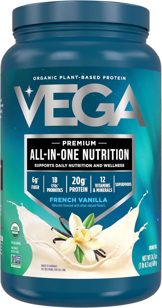 Vega Orgánico Polvo todo-en-uno Vegano Proteína, Vainilla Francesa -Ingredientes Superalimentarios, Vitaminas para Apoyo Inmunitario, Keto Friendly, Pea Protein para Hombres, 1.5 libras (Pack de 1)
