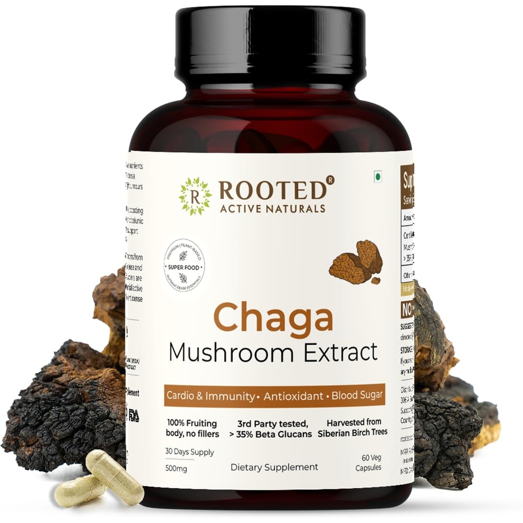 ROOTED Actives, Siberian Chaga Mushroom Extract, Certified Orgánica Vida 35% Beta Glucans - Lab Verified  sometida Antioxidant & Vitality Support (60 Veg Caps)
