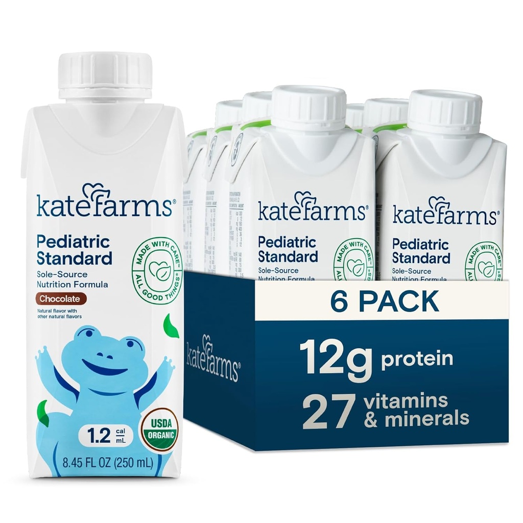KATE FARMS Organic Pediatric 1.2 High Calorie Chocolate Nutrition Shake, 12g Protein, 27 Vitaminas y Minerales, Meal Replacement, 8.45 oz (6 pack)