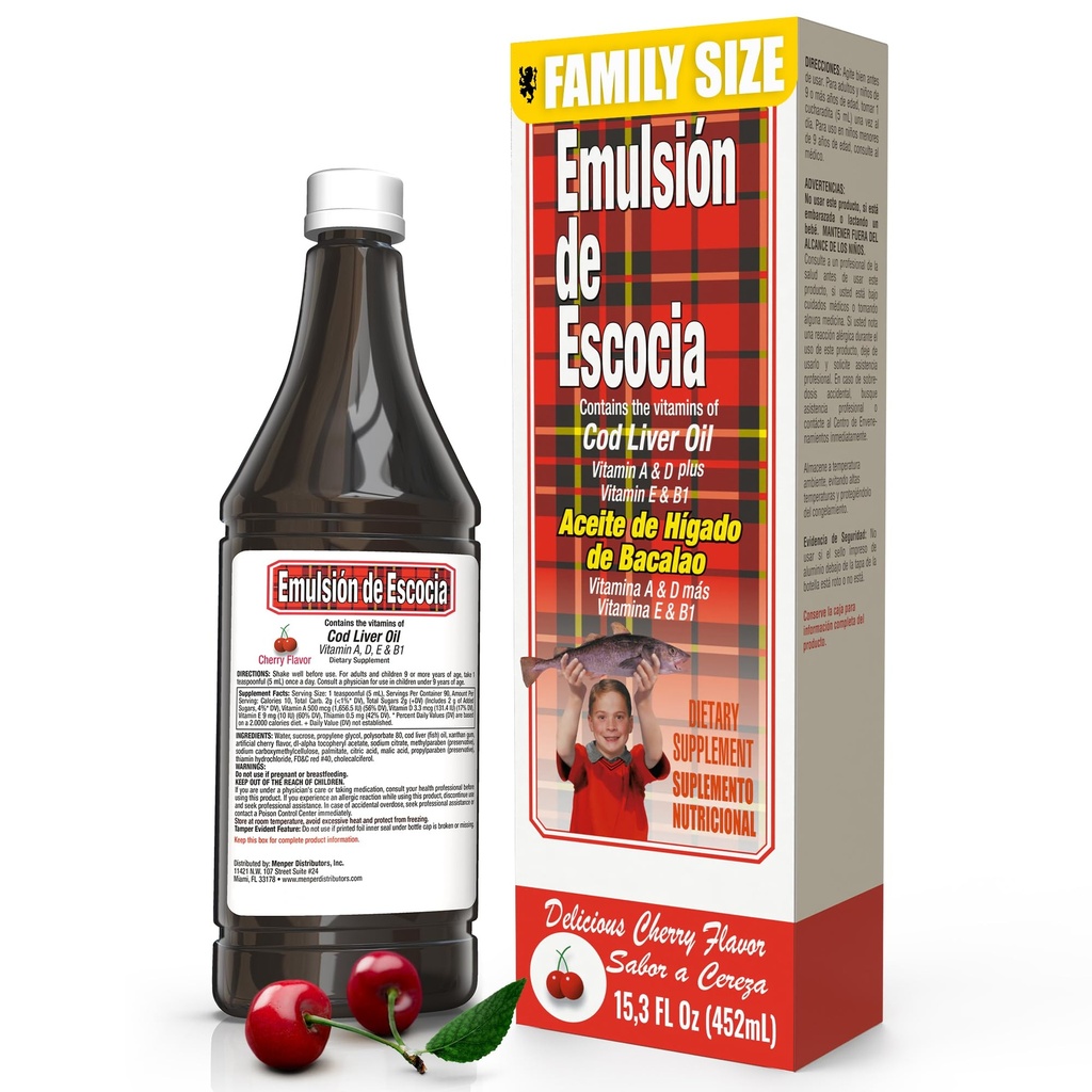 Emulsión de Escocia con aceite de hígado de bacalao – sabor de cereza – Vitaminas A, D, E &amp; B1 para soporte de inmuno y hígado – Suplemento líquido para niños – 15.3 Fl Oz TENIDO 1-Pack
