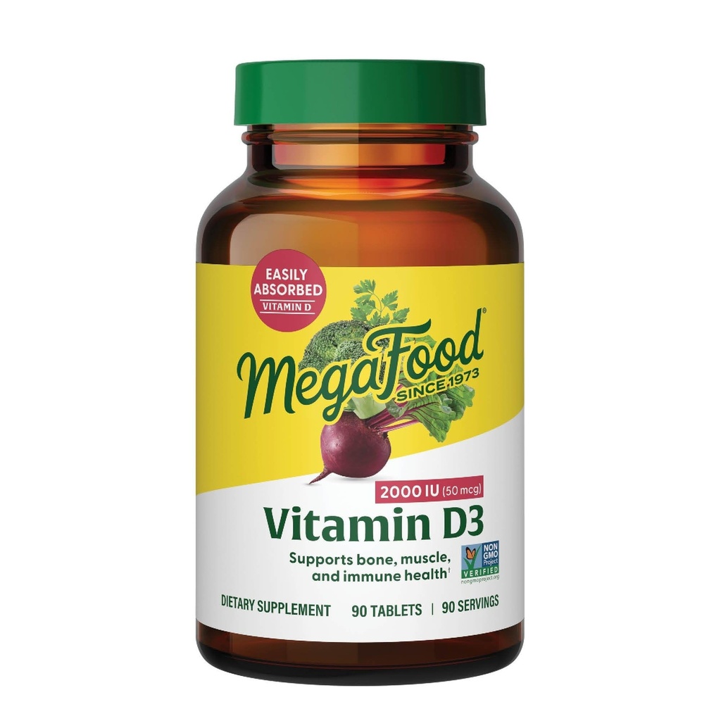 MegaFood Vitamina D3 2000 UI (50 mcg) - Suplementos de vitamina D con alimentos reales, soporte para inmunes, bonificaciones, dientes &amp; musculos, vegetariano, no certificado GMO, Kosher – 90 Tabletas, 90 Serviciones