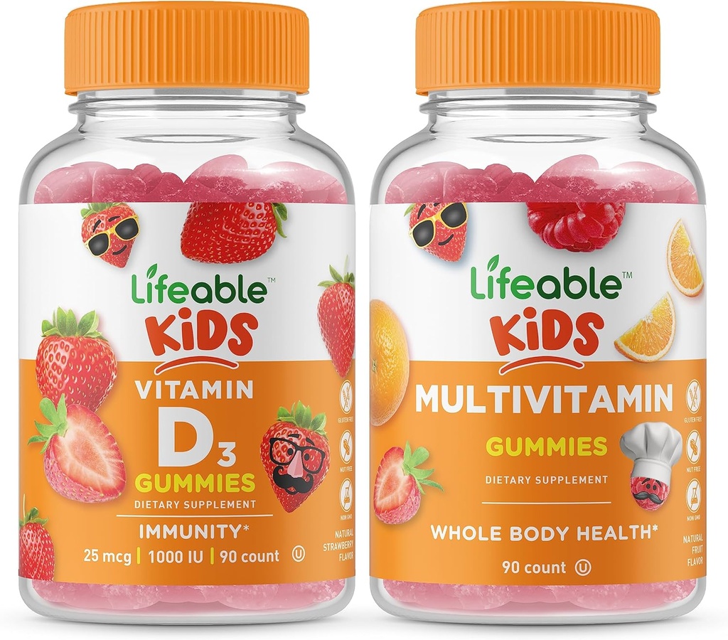 Vitamina D Niños + Multivitamina Niños, Gummies Bundle - Gran Tasting, Suplemento de vitaminas, Gluten Gratis, GMO Gratis, Chewable Gummy
