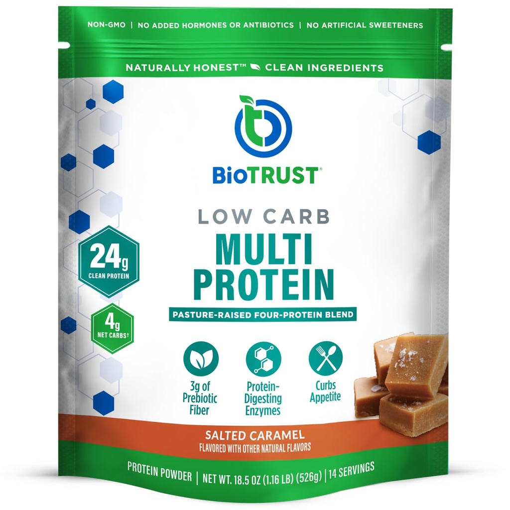 BioTrust Low Carb Protein Powder - Whey Isolated Whey Protein Powder and Casein Blend from Grass-Fed, Pasture-Raised Cattle, Plus Digestive Enzymes - Salted Caramel, 14 Servings