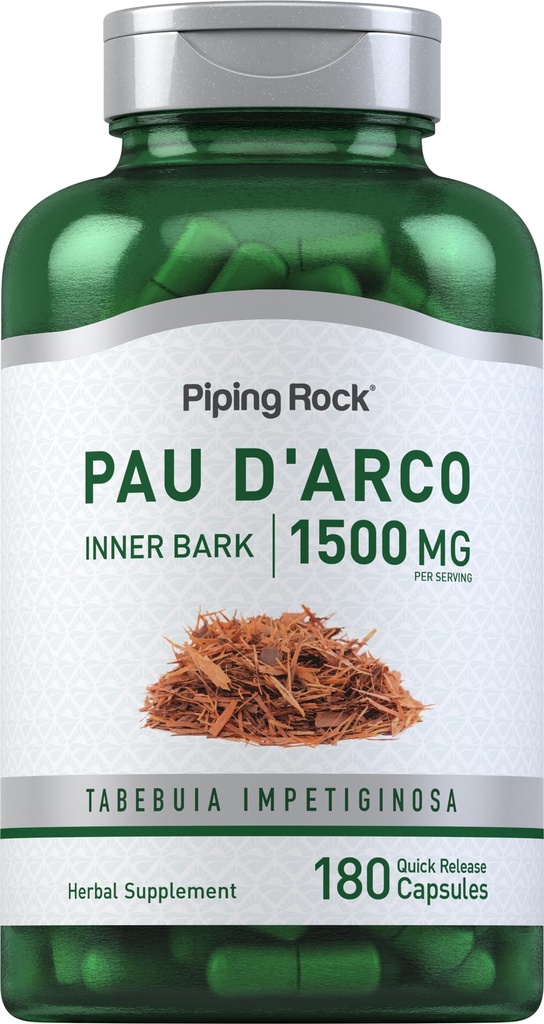 Piping Rock PAU D'Arco Capsules Silencio 1500 mg Silencio 180 Píldoras ← Herb Extract Suplemento No-GMO, Gluten Free