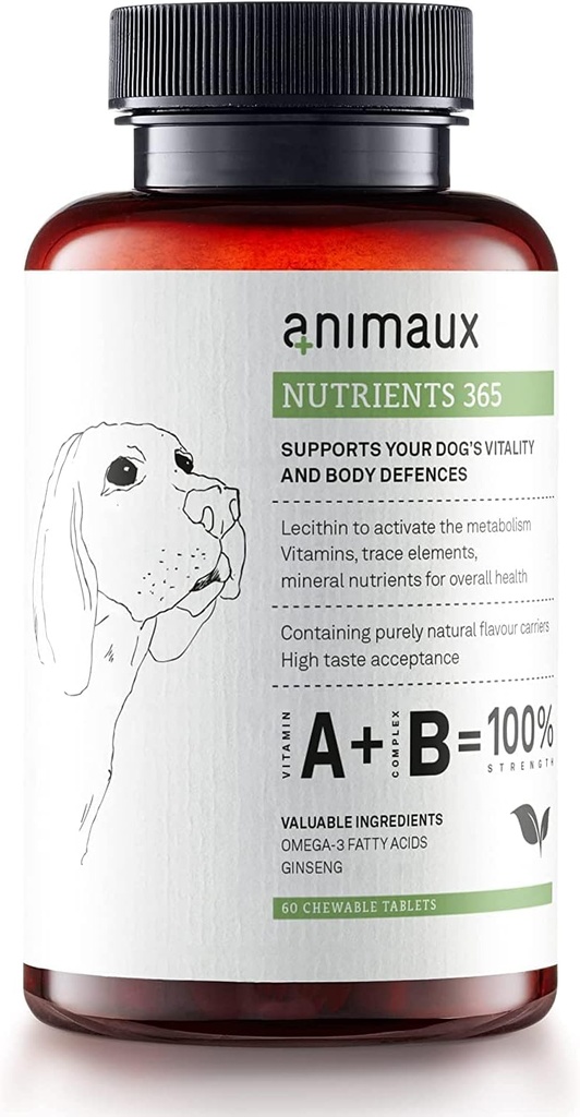 animaux – nutrientes 365 para perros, vitaminas naturales, sistema inmunológico saludable, vitalidad, piel sana, carne de resplandor, alimentación cruda, cachorros, perros con alergias, 60 tabletas chewable, 60 días de suministro