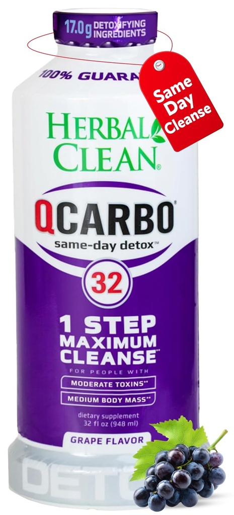 Herbal Clean Qcarbo32 Mismo Día Detox Cleanse Drink (32 fl oz) - Grape Flavor Full Body Cleanse* Detox Drink for high Toxin Level*, Vitamina B2 y Vitamina B12 para Hombres &amp; Mujeres