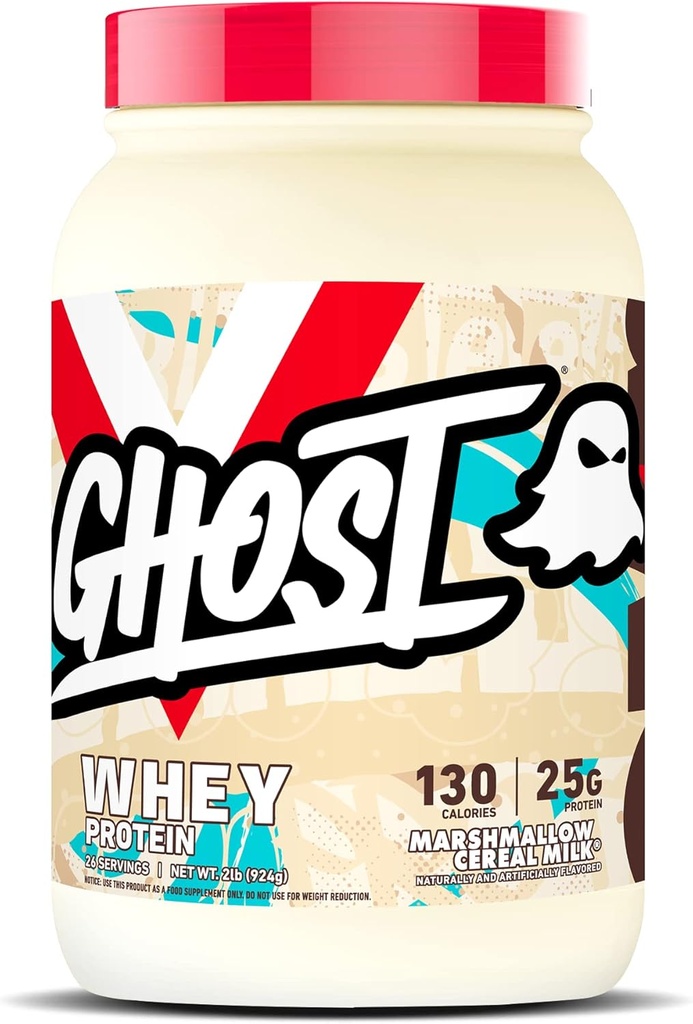 GHOST Whey Protein Powder, Marshmallow Cereal Milk - 2LB, 25G de Protein - Whey Protein Blend - ­Post Workout Fitness " Nutrition Shakes, Smoothies, Baking " Cooking - Soy " Gluten-Free