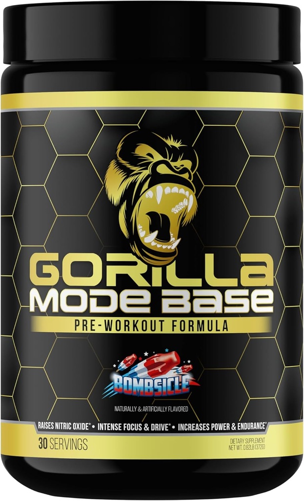 Gorilla Mind Base Pre Workout - Aumenta Nitric Oxide Intense Focus " Drive Endurance Power - L-Citrulline, L-Tyrosine, Betaine, Alpha-GPC, Caffeine, Huperzine A - 360 Grams (Bombsicle)