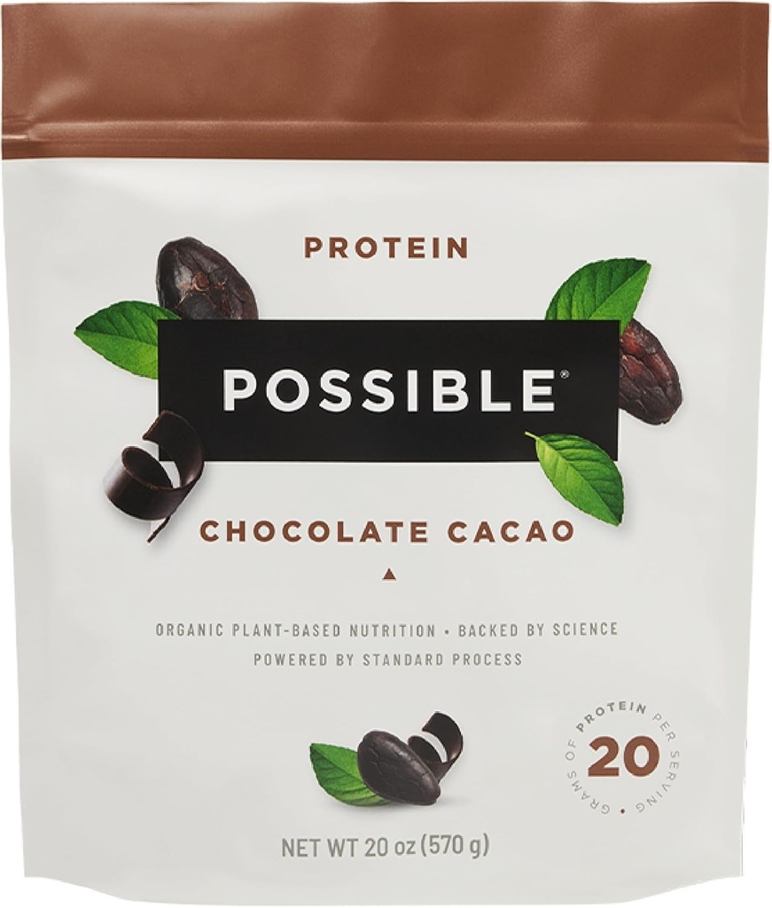 Posible Cacao de Chocolate Protein Powder - 20g de Mezcla de Proteína Vegan, Bases Vegetales - No GMO, No-Dairy, Sin gluten - 3.5g de BCAAs - 9 Ácidos Amino Esencial - Suministro de 15 días - 1 Bolsa, 15 Servimientos