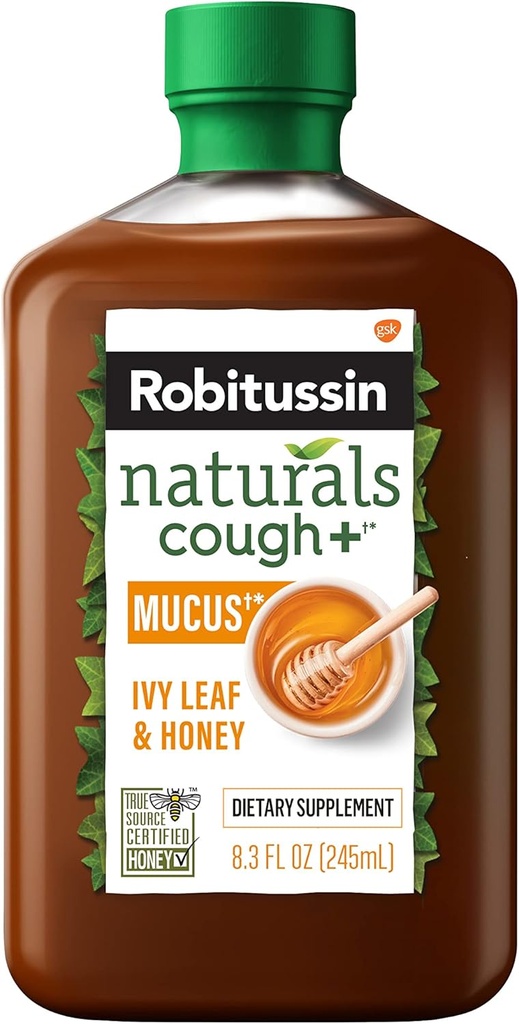 Robitussin Naturals Honey and Ivy Leaf Suplemento dietético Alivia la tos ocasional asociada con la grosería, la garganta seca y los irritantes, 8.3 oz