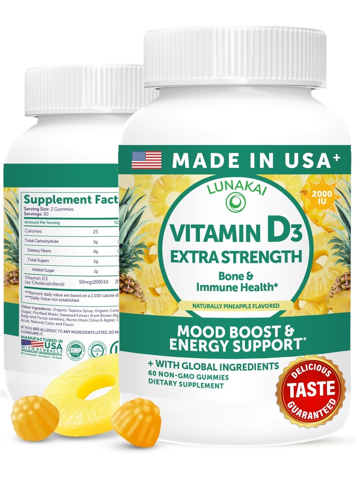 Lunakai USA Made Vitamina D3 Gummies 2000 UI - Non-GMO, Gluten-Free Vitamin D Gummies for Women &amp; Hombre - Bone, Immune & Energy Support, 60ct