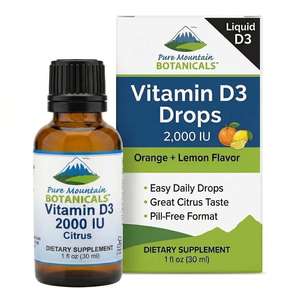 Botánicos de Montaña Pura Las gotas de vitamina D saboreado – Naranja y Lemon Flavored Vitamina Líquida D3-2000iu por Serving - 1oz Botella