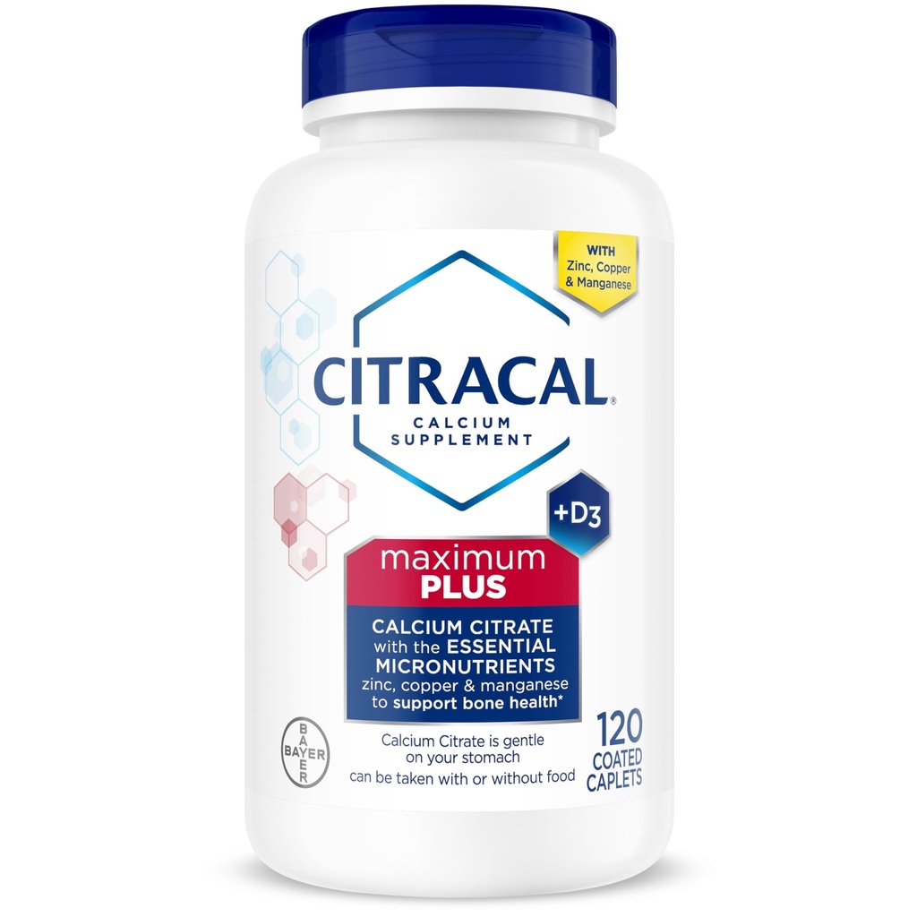 Citracal Maximum Plus, 650 mg Citrato de Calcio, fácilmente absorbido y altamente soluble con 25 mcg (1000 UI) Vitamina D3, Soporte de Bone Health, Suplemento de Calcio para Edades 12+, 120 Conde (Paquete Mayo Vary)