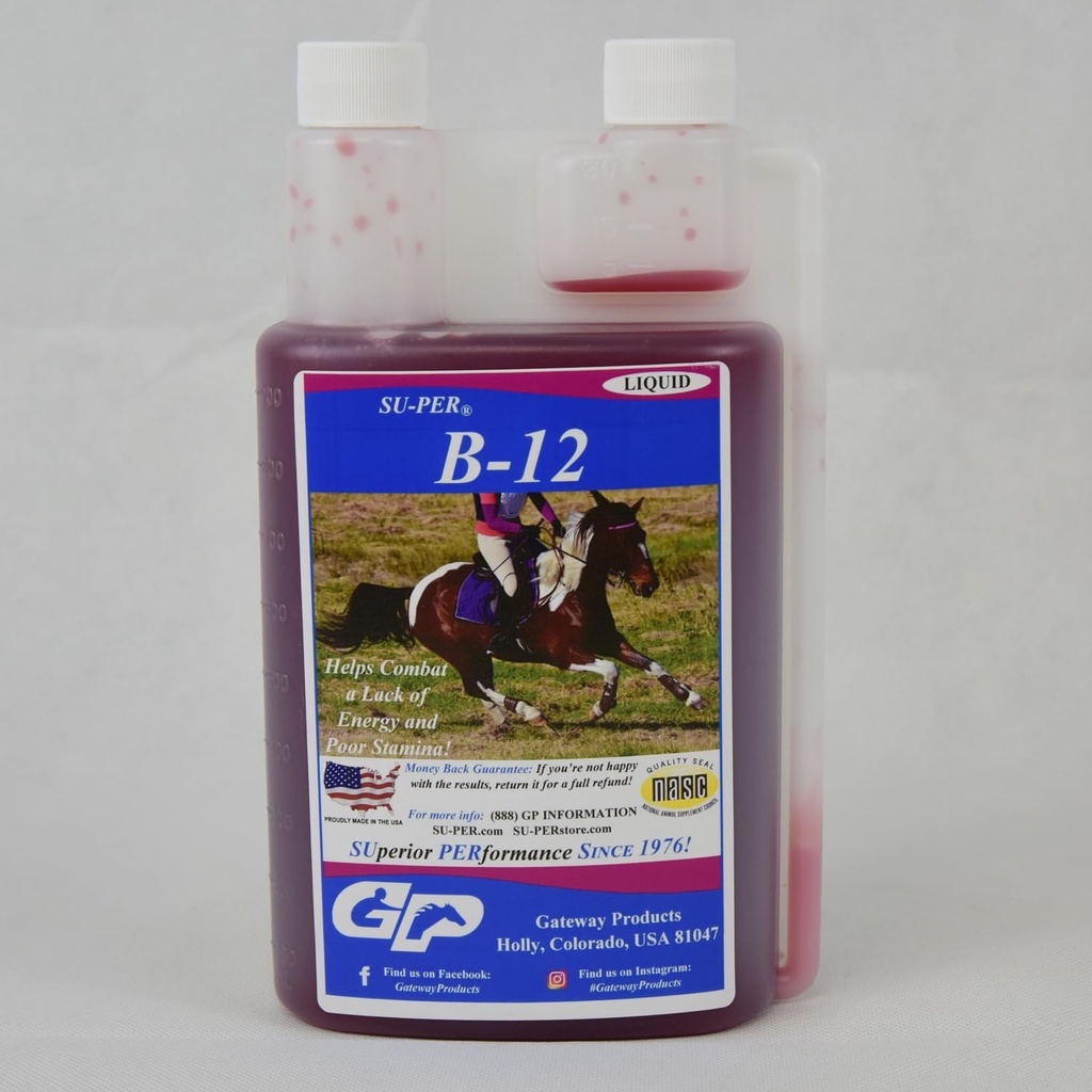 SU-PER B-12 Energy Horse Supplement - Equine Vitamins B-12 & B-9 Folic Acid Support Liquid - Red Blood Cell Production & Stamina Support for Peak Performance - Quart