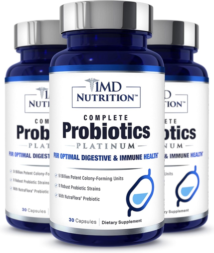 1MD Probióticos completos Platinum ← Apoya la Salud Digestiva Silencioso con Prebióticos de Nutrición, 51 Billion Live CFU, 11 Strains, Dairy-Free TEN 30 cápsulas vegetales (3-Pack)